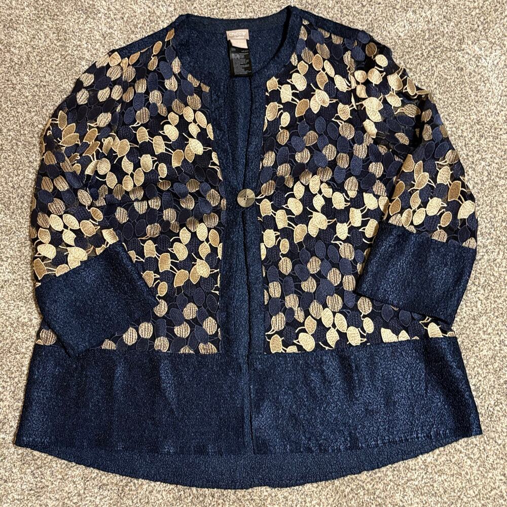 Chico’s Travelers Navy & Gold Embroidered Jacket | Size 1 / Medium